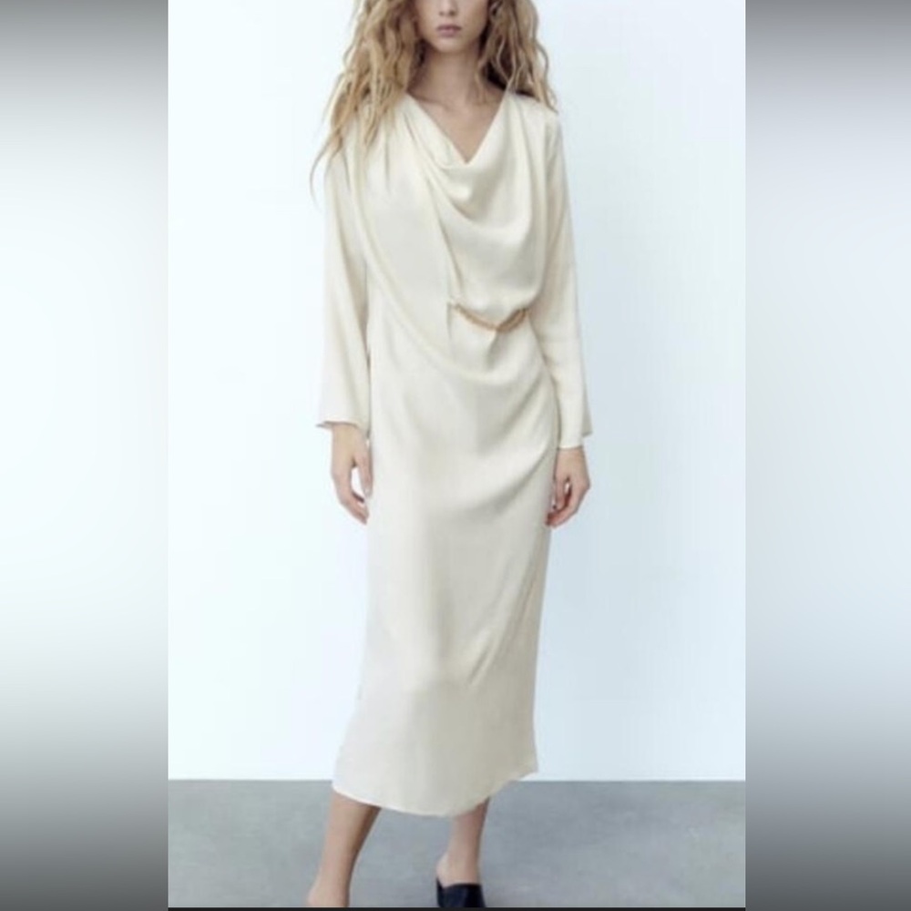 Zara Cream Long Sleeve Draped Dress